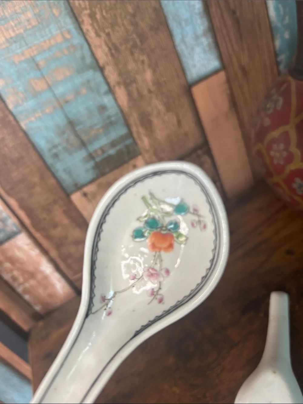 Porcelain Floral Soup Spoons - White with Orange Floral Accent